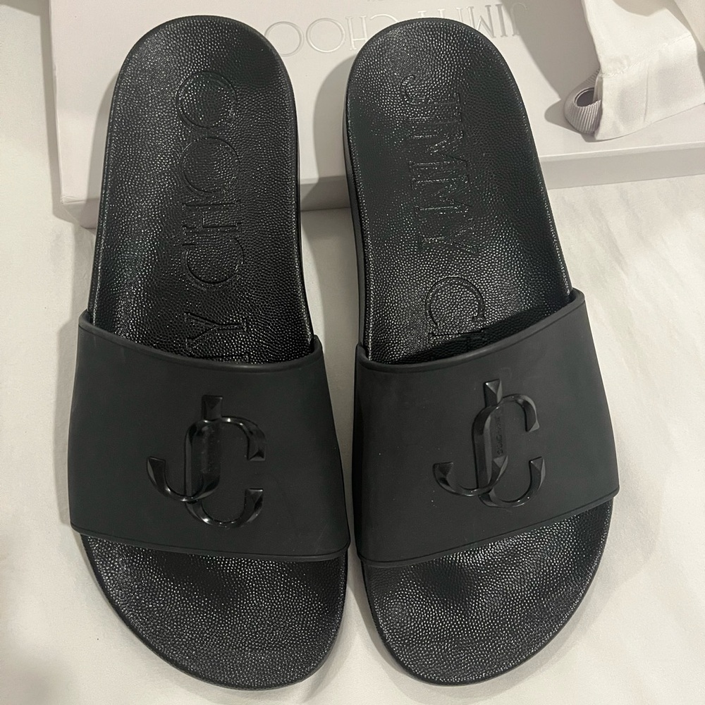 Jimmy Choo Black Embossed Slide Sandals